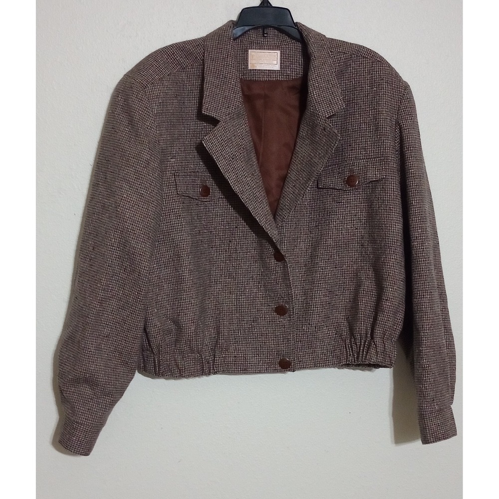 Vintage Pendleton Wool Houndstooth Bomber Jacket Brown Size 16 Made in USA